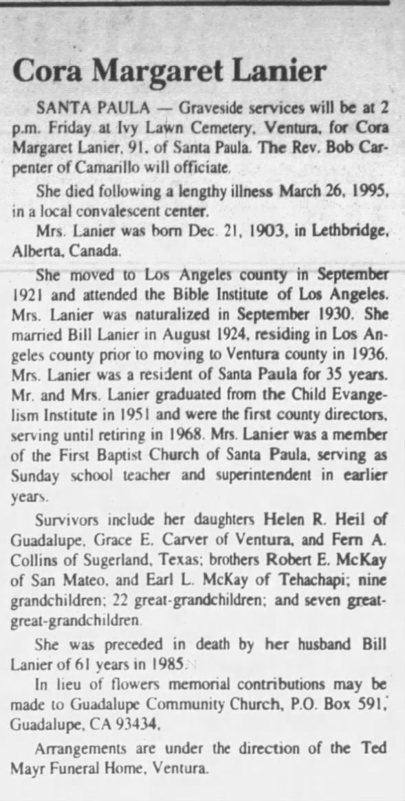 Obituary for Cora Margaret Lanier, 1903-1995 (Aged 91)